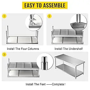 Stainless Steel Prep Table, 72 x 30 x 34 Inch, 550lbs Load Capacity Heavy Duty Metal Work Table