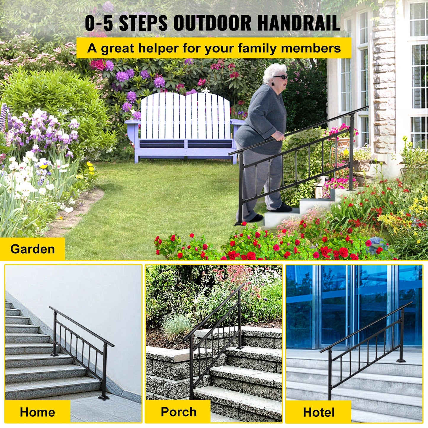 VEVOR Outdoor Stair Railing Fits 1-5 Steps Transitional Handrail Adjustable Exterior Stair Railing