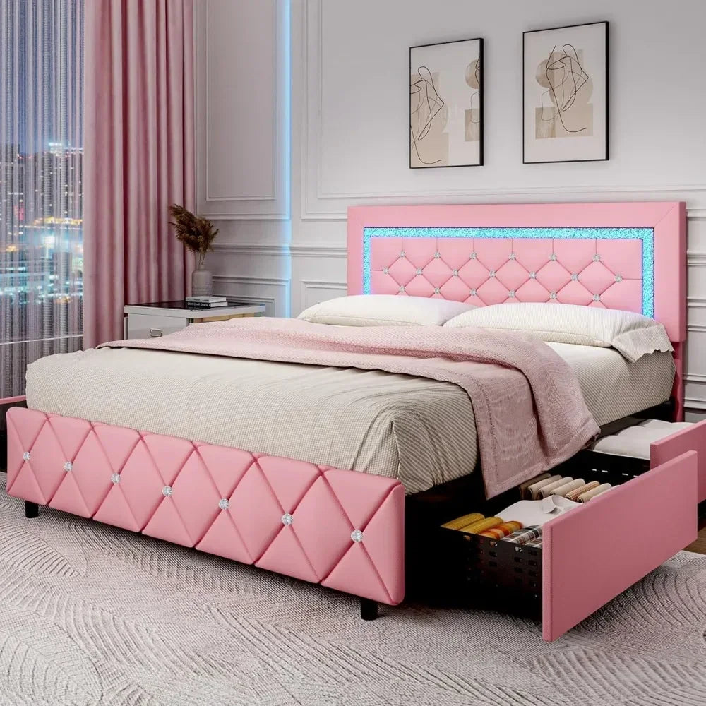 Full Size Bed Frame/LED/Drawers, Princess Platform Bed/Diamond Headboard and Footboard, Upholstered