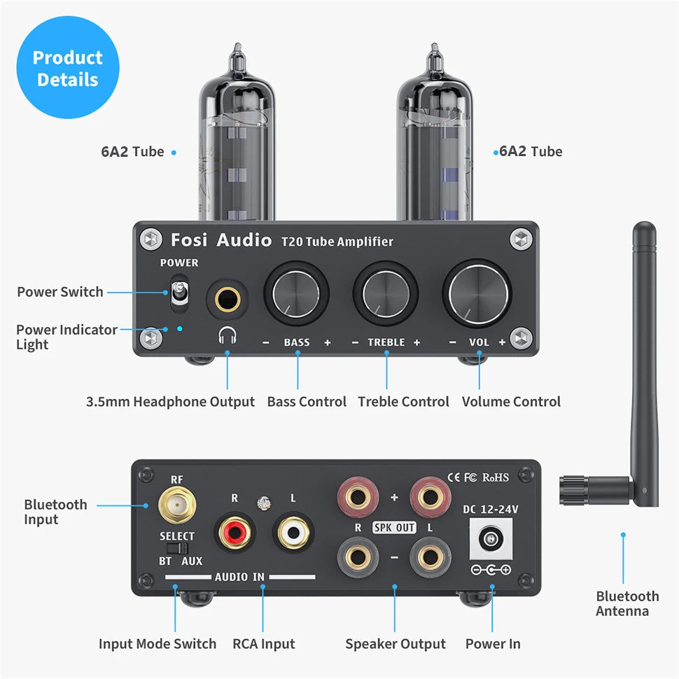 Fosi Audio T20 Bluetooth Vacuum Tube Amplifier AptX HD 50W TPA3116 Amplifier For Home Speakers