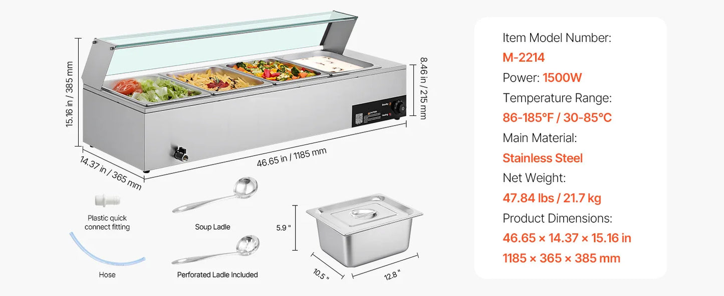 SucceBuy Commercial Food Warmer Electric Stainless Steel Steam Food Warmer with Glass Cover