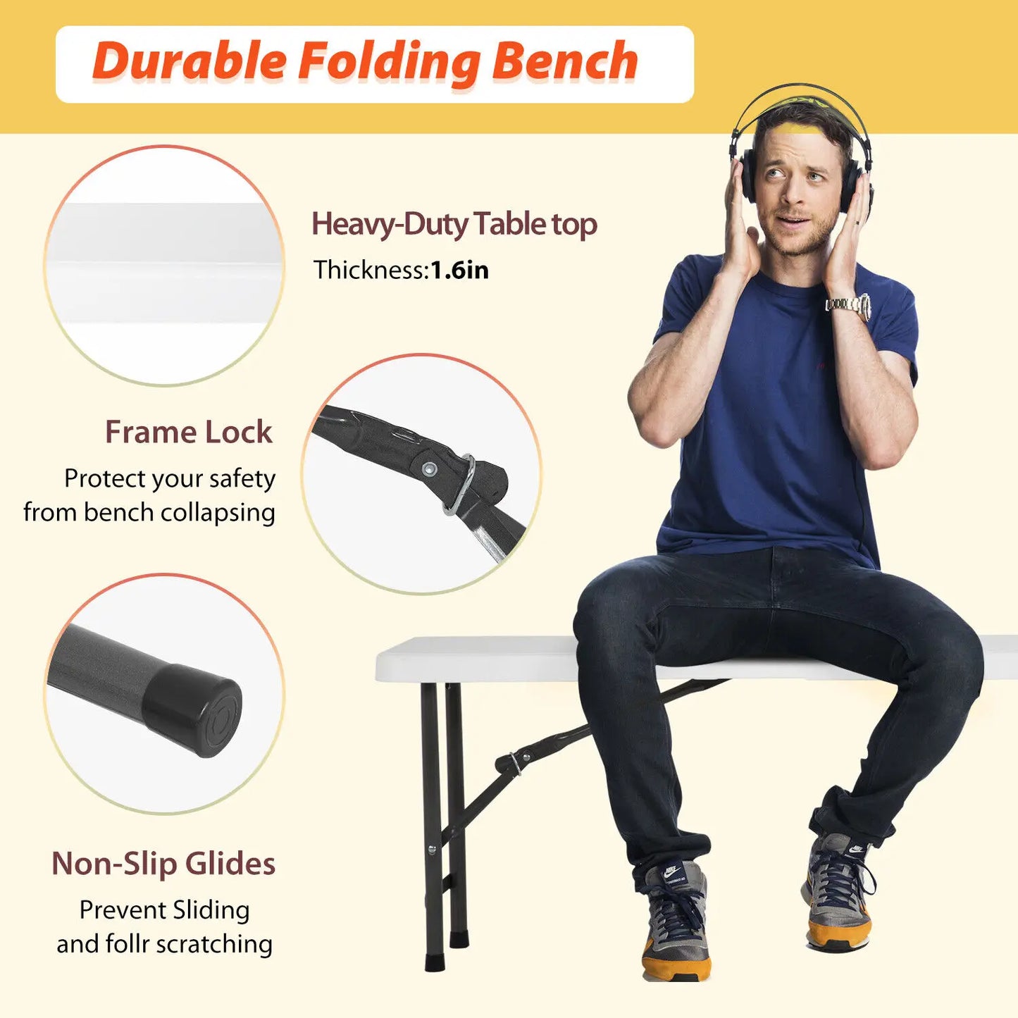 US  6FT Folding Portable Plastic In/Outdoor Camping Picnic Party Dining Bench 1 or 2 each Per Pack