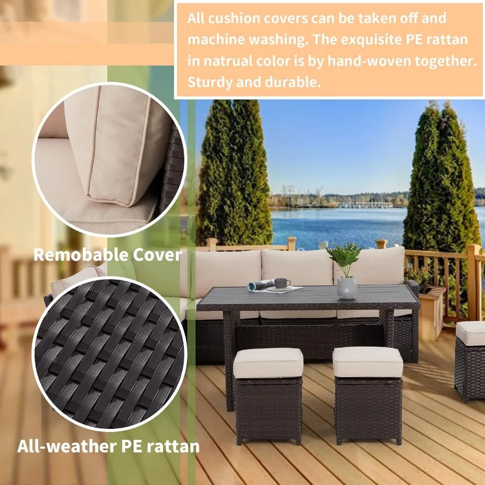 7 Pieces Patio Furniture Set,Sectional Sofa All Weather Wicker Rattan Couch Dining Table & Chair