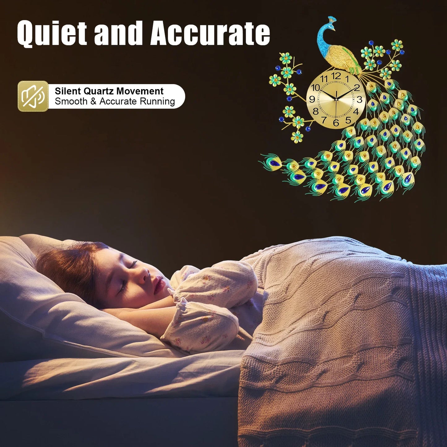 European Peacock Wall Clock - Elegant & Modern Decorative Silent Quartz Clock for Living Room & Office - Brings Luck & Harmony