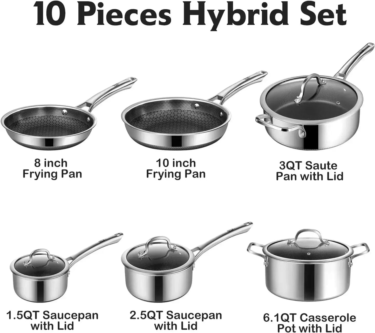 10 Pcs Hybrid Stainless Steel Cookware Sets, Non Stick Frying Pans, Saucepans, Saute Pan & Stock Pot