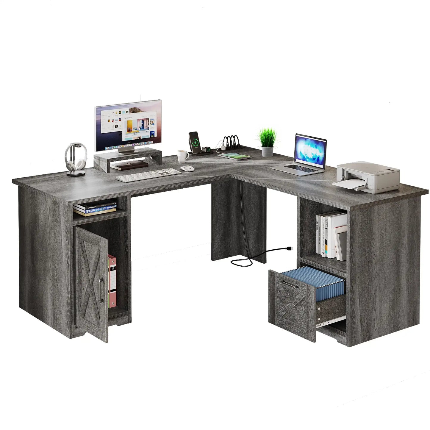 Dextrus 59 Inch L-Shaped Desk w/Power & USB Ports, Office Desk w/File Cabinets, Computer Desk