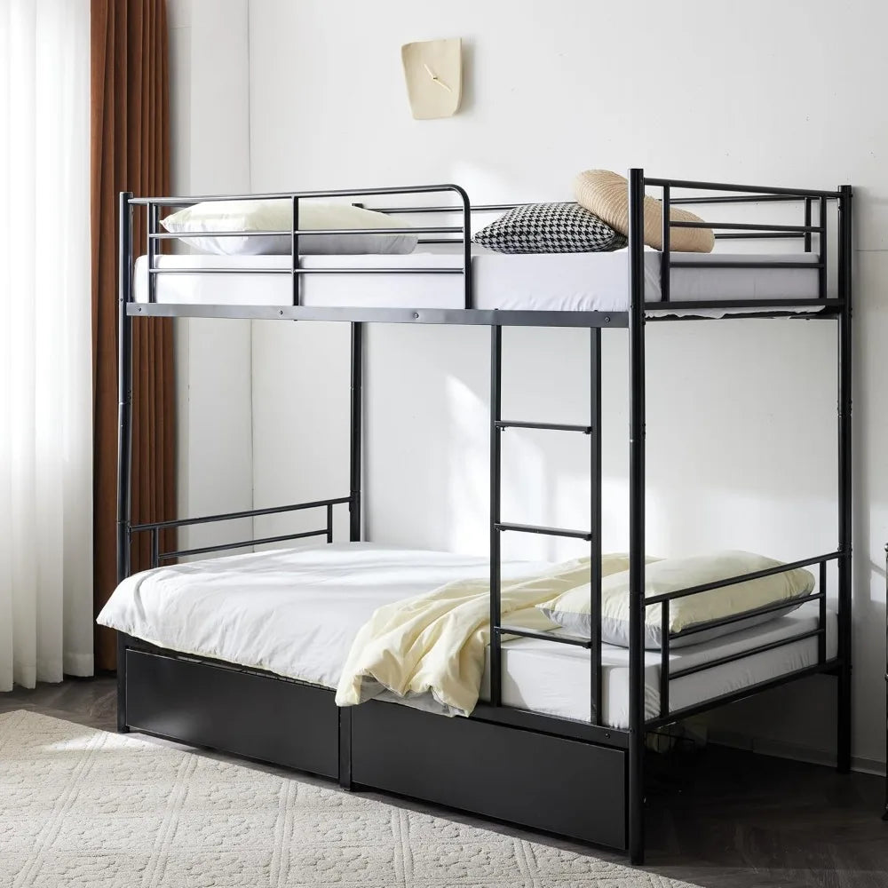 White Bunk Bed Twin Over Twin with 2 Storage Drawers, Metal Bunk Bed with Built-in Ladder