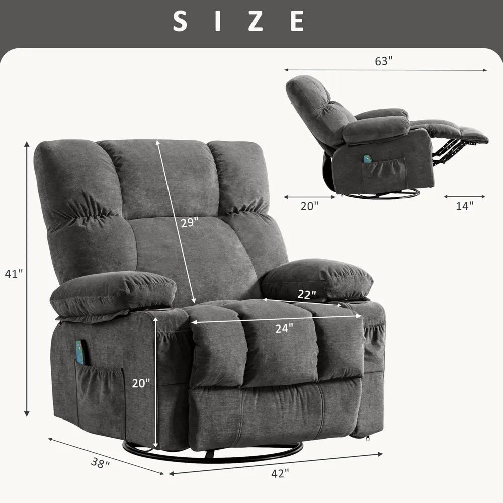 Recliner Chair with Vibration Massage & Lumbar Heating, 360° Swivel Oversized Rocker Recliner /USB