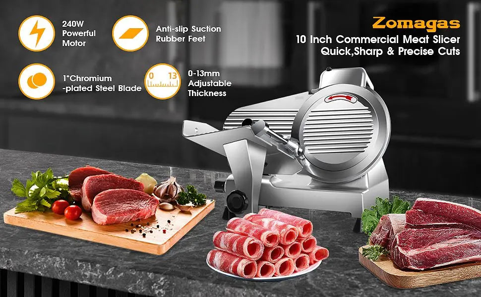 10 inch Chromium-Steel Blade Semi-Auto for Meat Cheese 240W,Silver Meat Slicer Machine