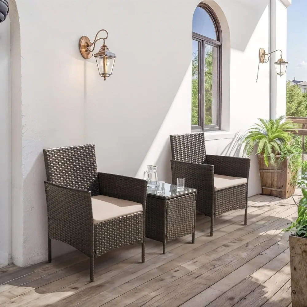 Patio Furniture Set 3 Pieces All-Weather Rattan Outdoor Furniture Chairs w/Tempered Glass Table