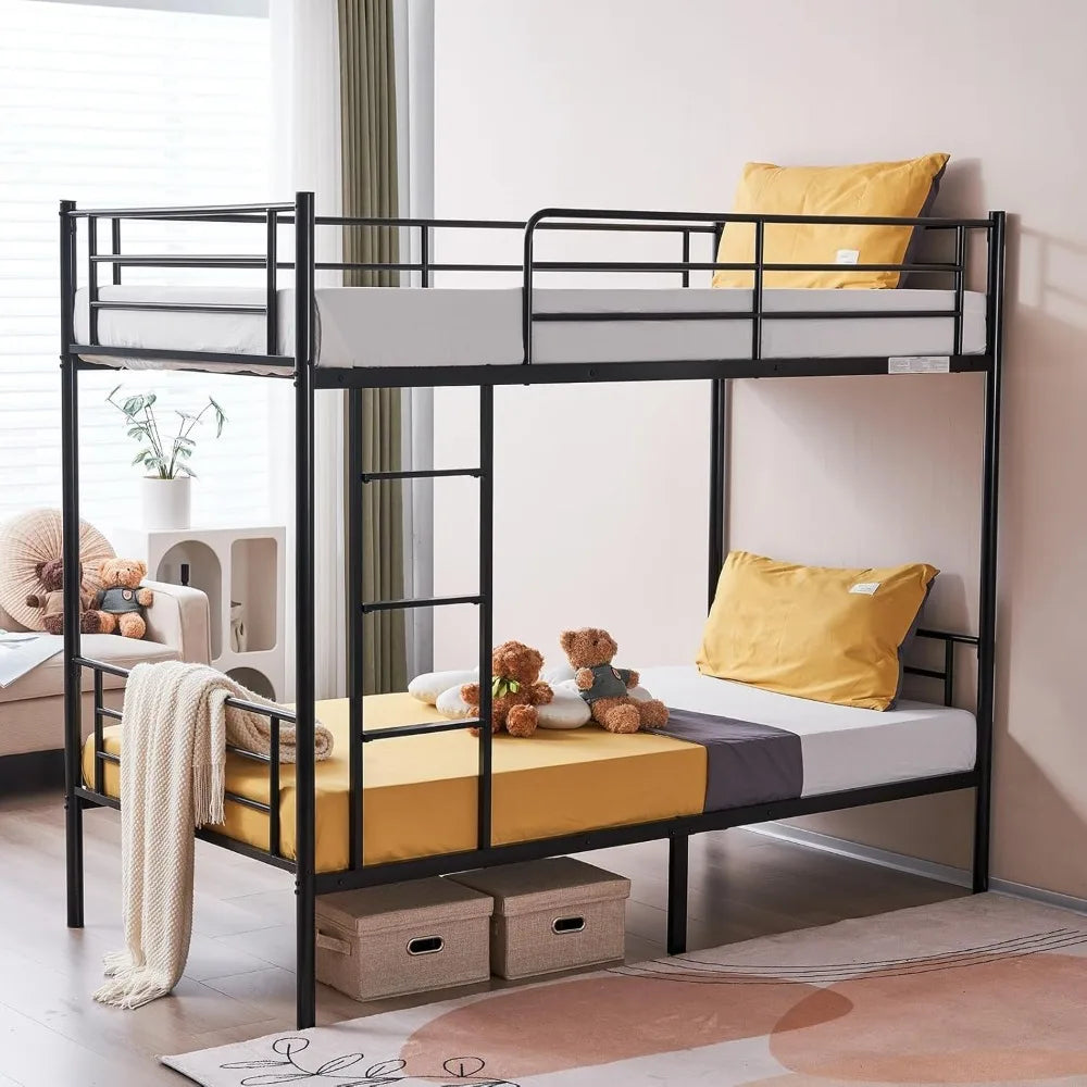 White Bunk Bed Twin Over Twin with 2 Storage Drawers, Metal Bunk Bed with Built-in Ladder