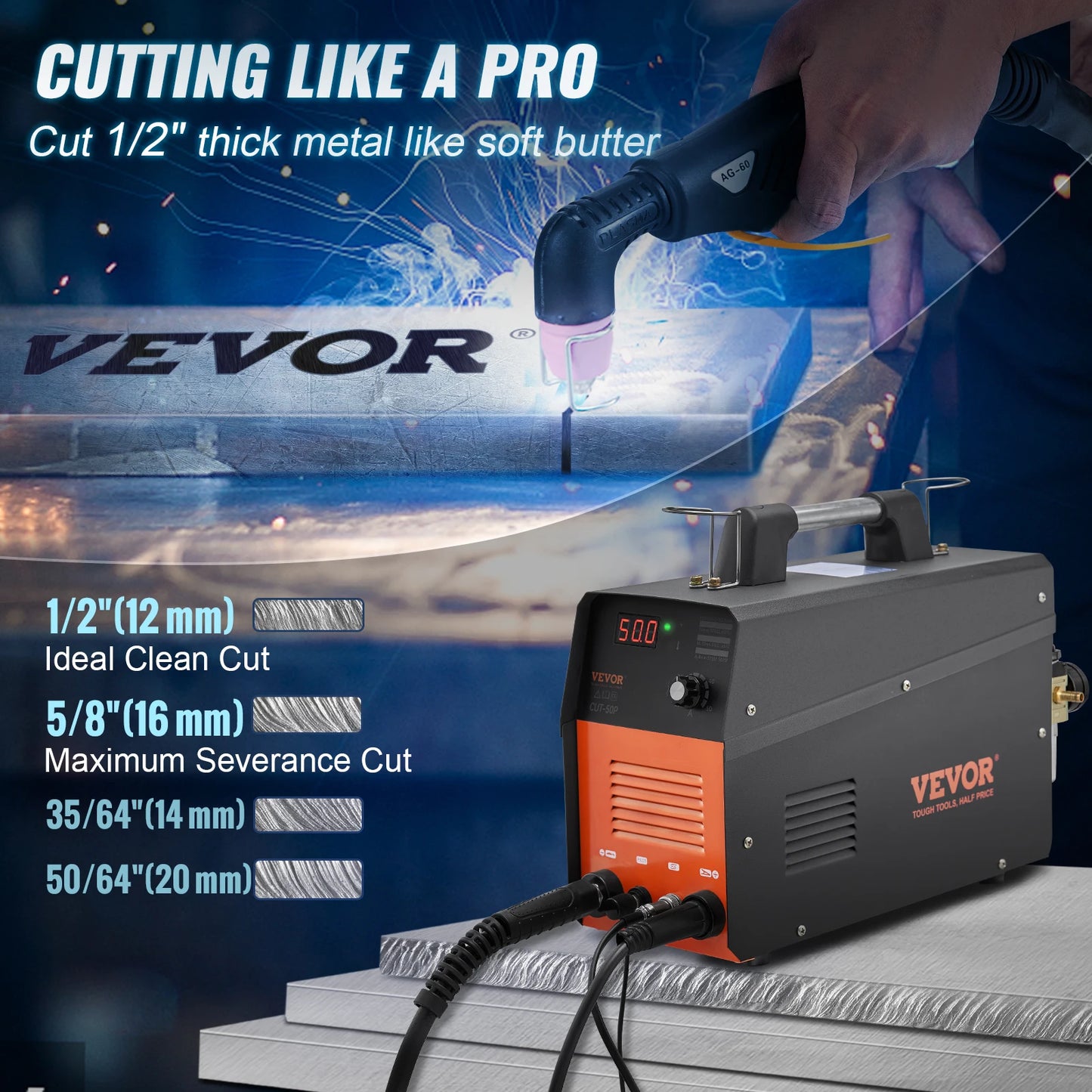 VEVOR Plasma Cutter 50Amp Non-Touch Pilot Arc Air Cutting Machine 110V/220V Dual Voltage AC IGBT