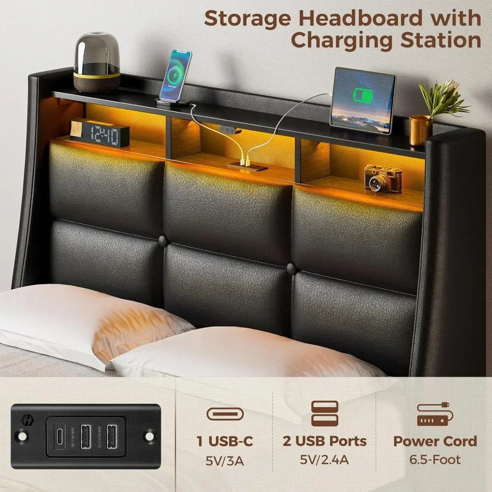 Rolanstar Twin/Full/Queen Frame LED Lights & Charging Station, PU Leather/Storage/Headboard/Drawers