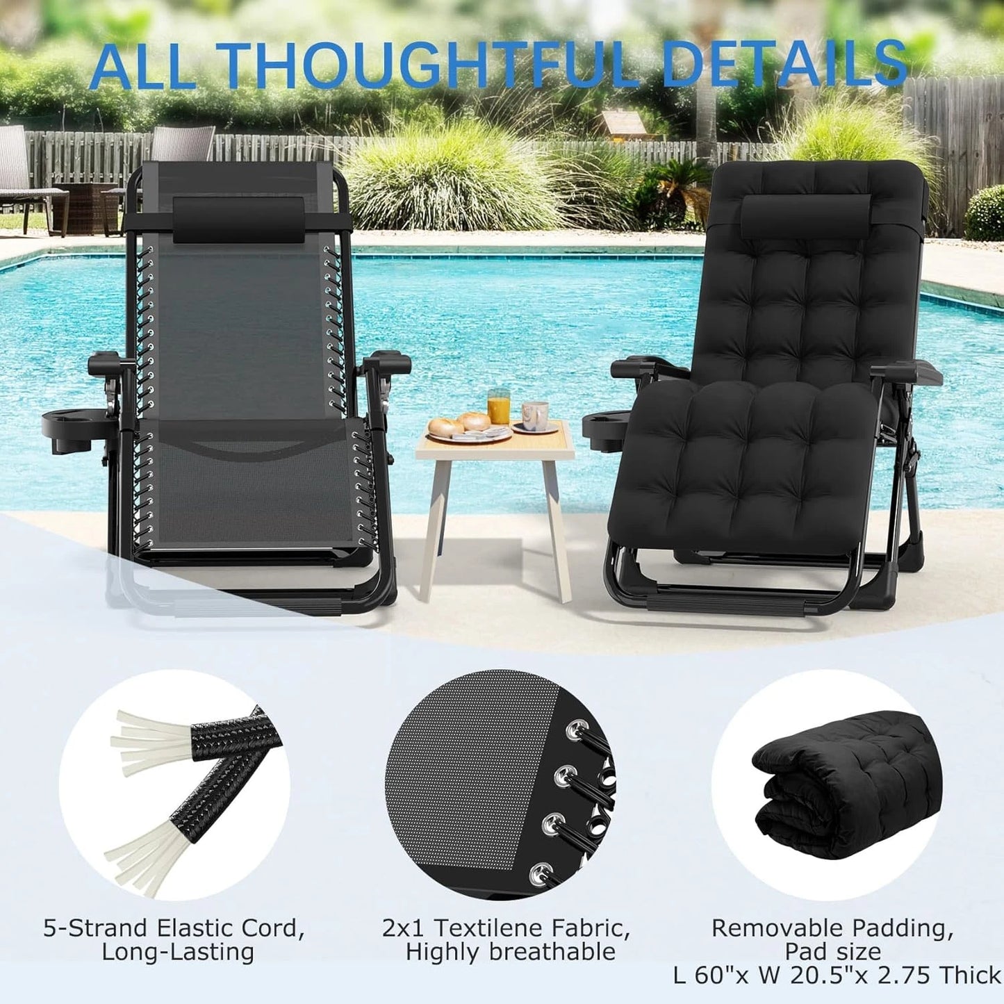 3-in-1 Zero Gravity Folding Lounge Chair, Heavy Duty Steel Frame 500LBS Weight Capacity