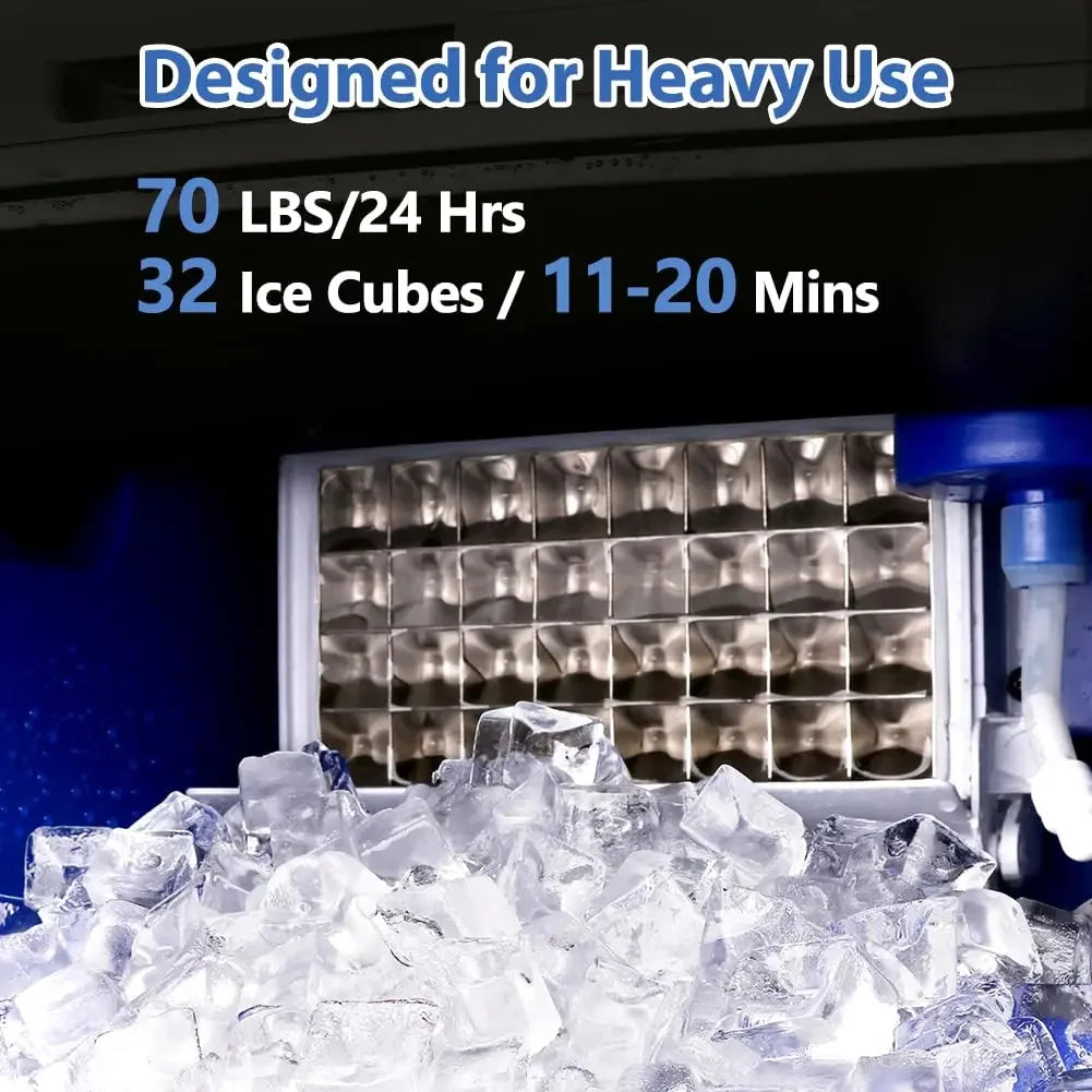 Ice Maker Machine, 70 LBS/24H Under Counter Large Ice Machine w/10 LBS Ice Storage Bin 2 Water Inlet