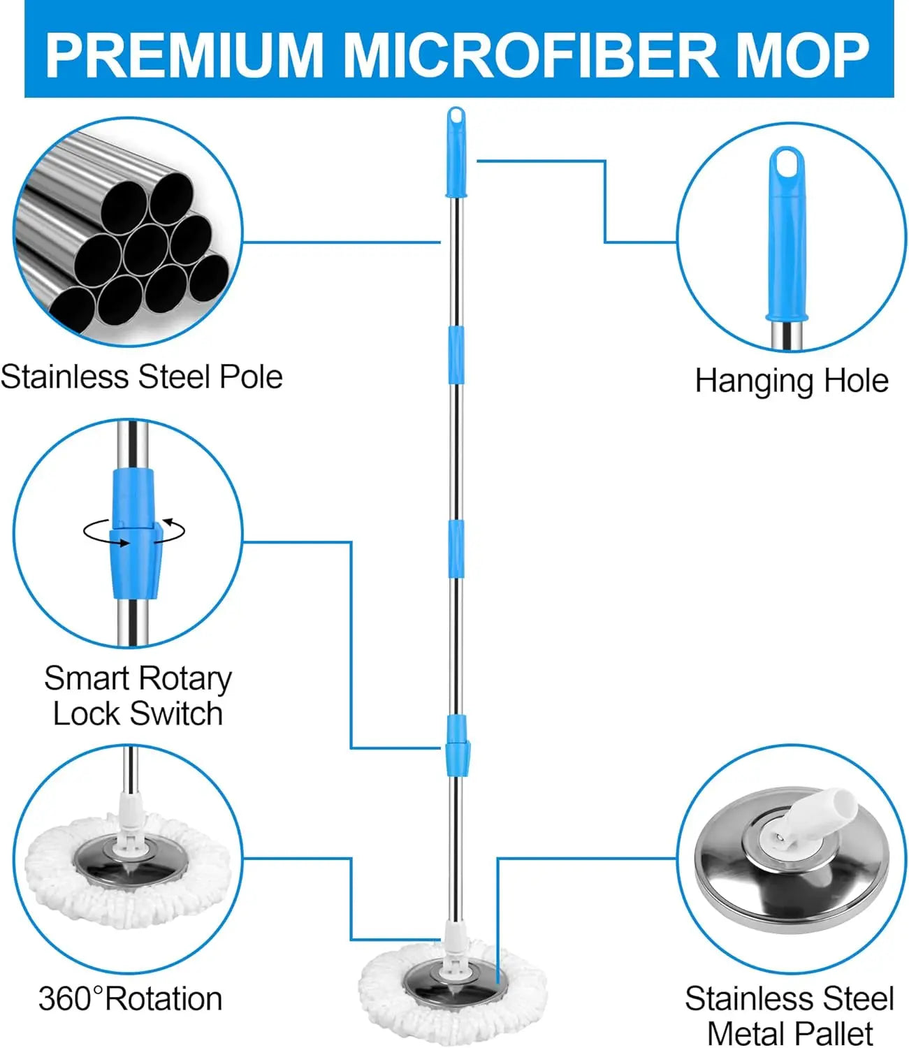 Blue Spin Mop Bucket Sets 360° Spinning Cleaning Tools w/3 Microfiber Replacement Heads, 61" Handle