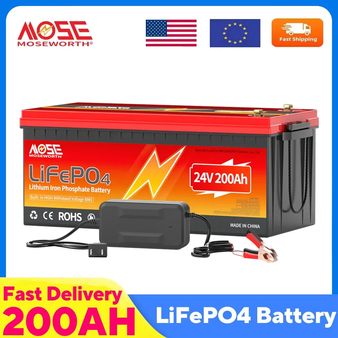 MOSEWORTH 24V 200Ah LiFepo4 Battery Built in 200A BMS Rechargeable Lithium Batteries