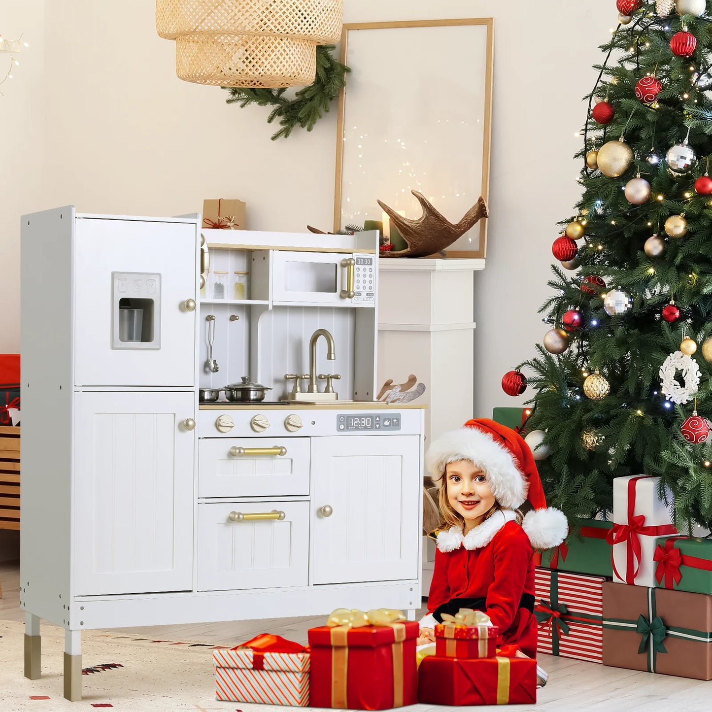 Play Kitchen for Kids, Preschool Kitchen Sets, Wooden Cooking Playset w/Realistic Light & Sound