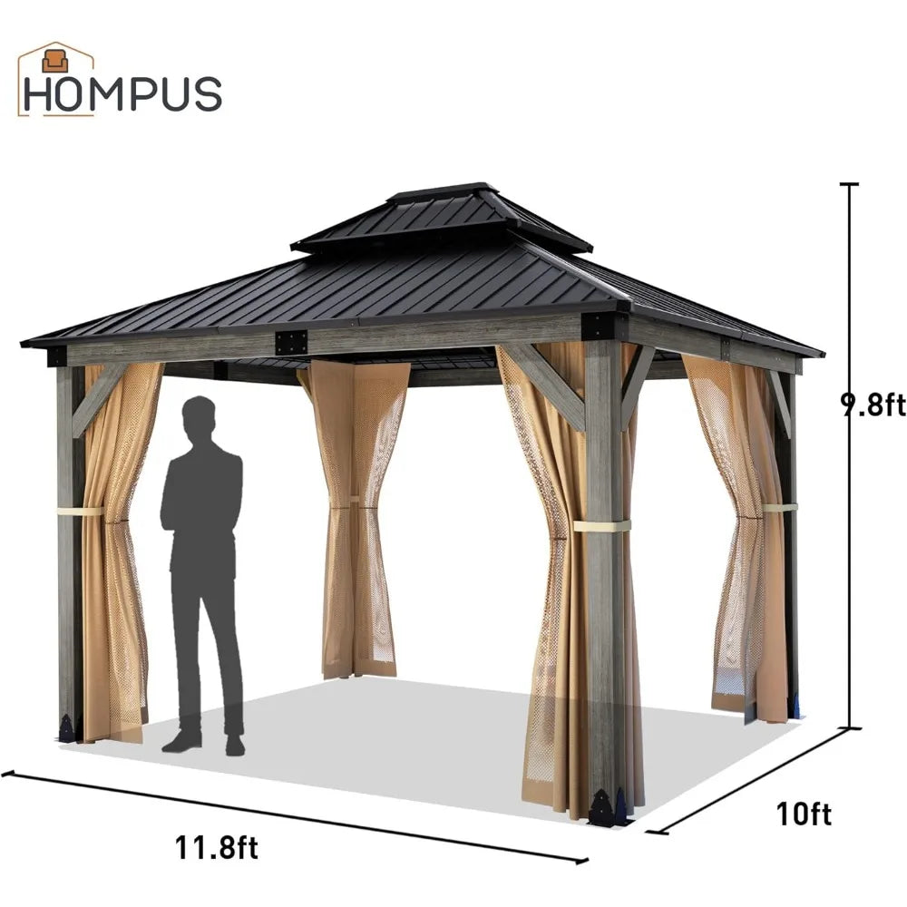 10x12 FT Hardtop Wood Gazebo, Cedar Wood Frame Gazebo with Double Metal Roof