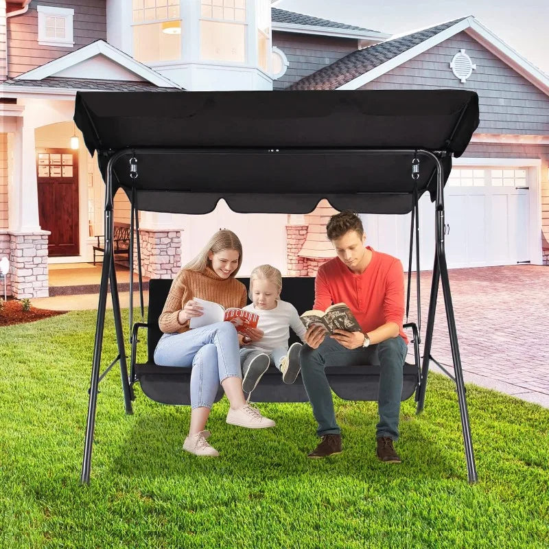 Raysfung 3-Seat Patio Swing Chairs w/Tilt Canopy & Durable Steel Frame Porch Swing Removable Cushion