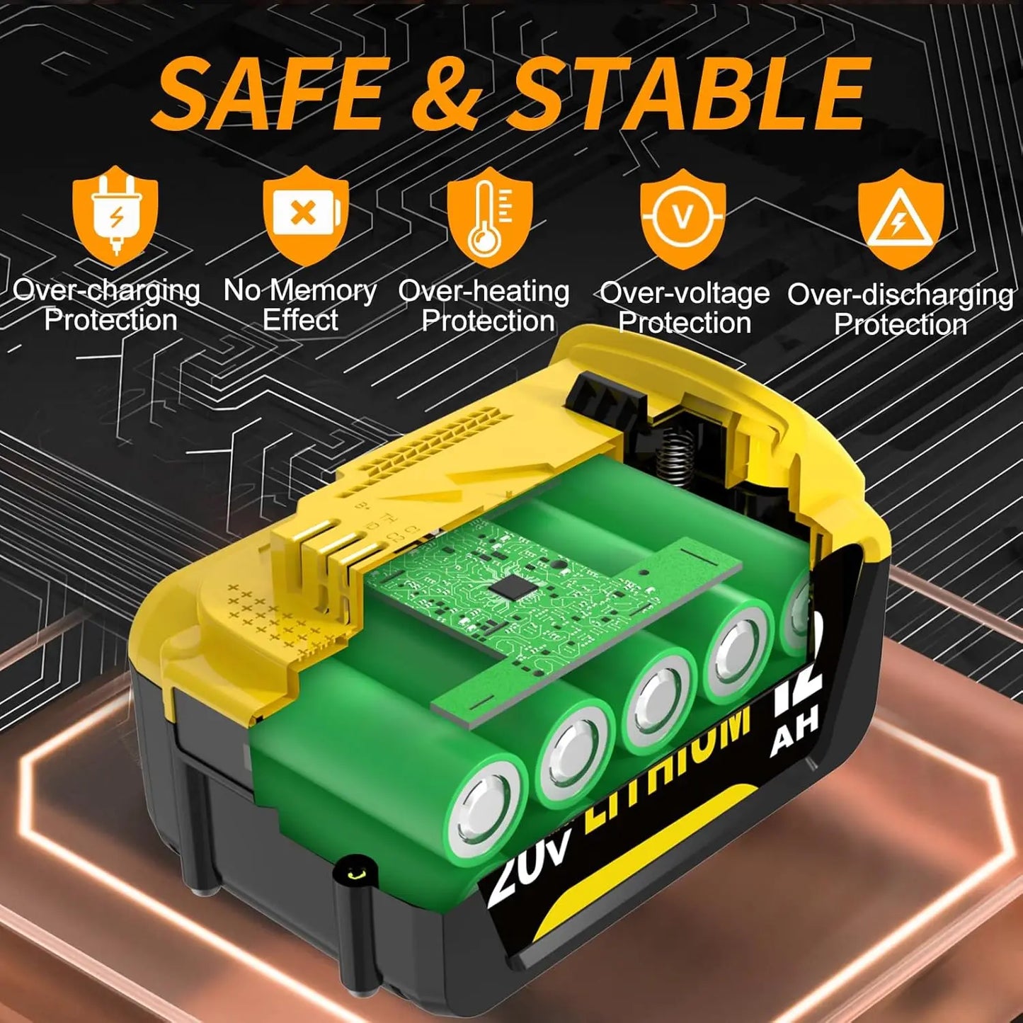 VANON 1/2/4Pcak 12.0Ah 20v DCB200 Replace for Dewalt 20v Battery Pin DCB204 DCB205 Li-on