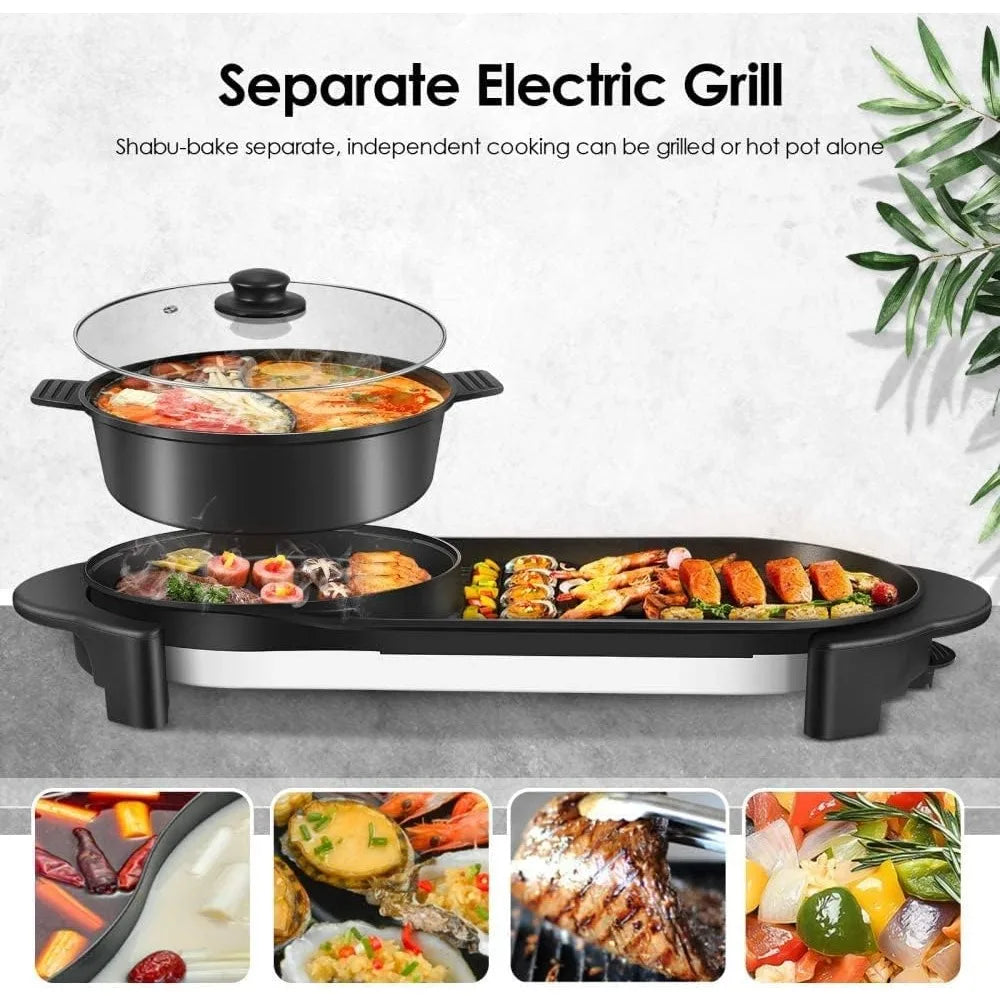 2 in 1 Electric Smokeless Grill and Removable Hot Pot, 2200W Baking Tray, Non-Stick