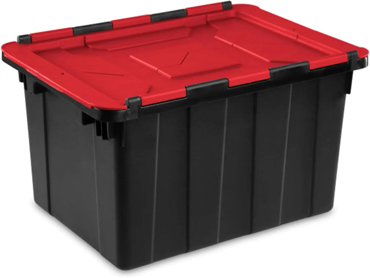 6 Pack Hinged Lid Industrial Totes, 12 Gal Stackable Storage Bins, Black/Red Lid