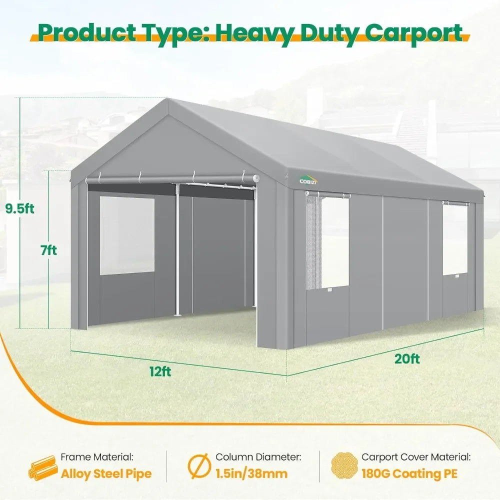 NEW-Carport Canopy 12x20 Heavy Duty Portable Garage w/Removable Sidewalls & Doors, Galvanized Frame