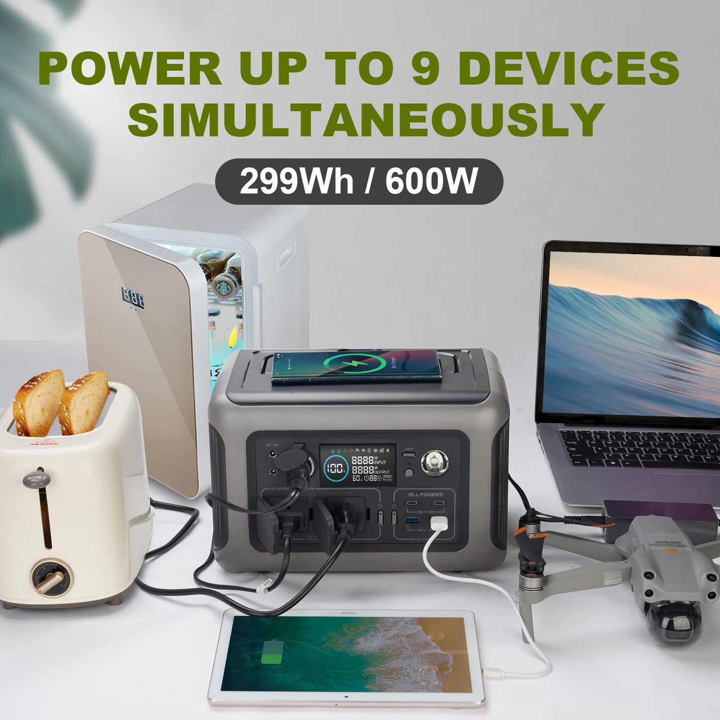 ALLPOWERS Portable Power Station R600, 299Wh LiFeP04 Battery with 2x 600W (1200W Surge) AC Outlets