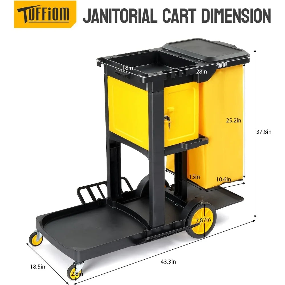 Janitorial Cart with Key-Locking Cabinet, 3-Shelf Commercial Cleaning Cart, Housekeeping Caddy