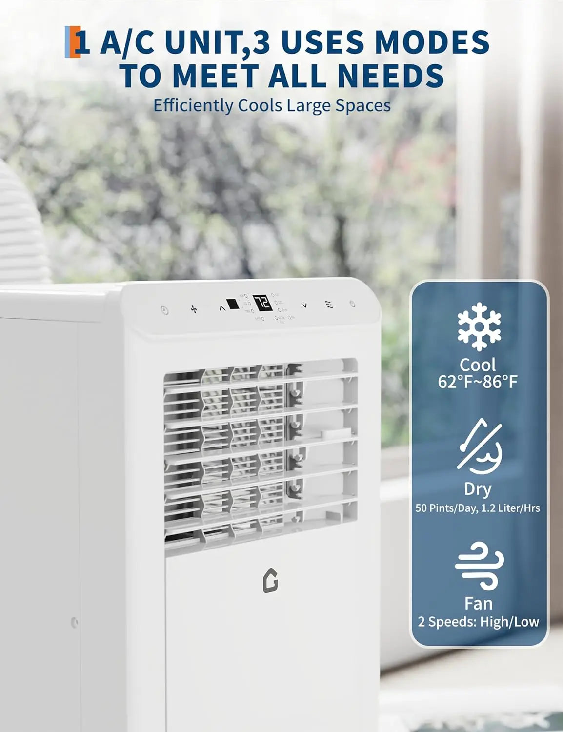 8000 BTU, 3-In-1 Portable AC Units for Rooms with Dehumidifier, Quiet Room Up to 350 Sq.Ft.Timer