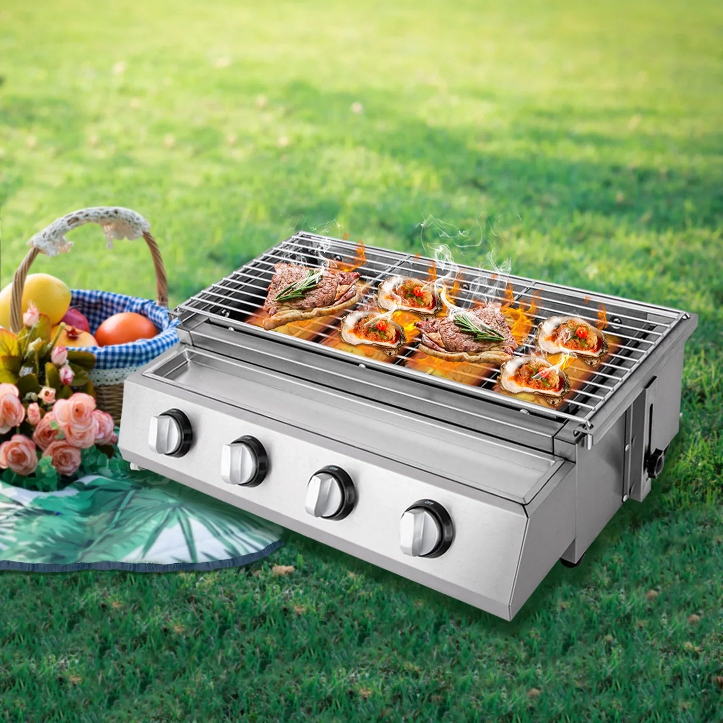 Portable Bbq Propane Gas Grill With 4 Burners Stainless Steel Patio Garden Barbecue