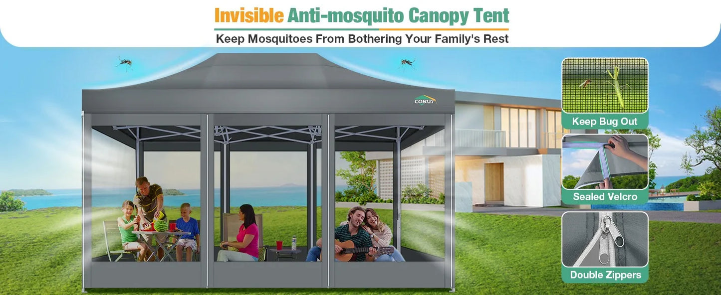 Canopy Tent 10x15 Heavy-Duty, Pop-Up Gazebo with Mosquito Netting, Waterproof Canopy with Sidewalls