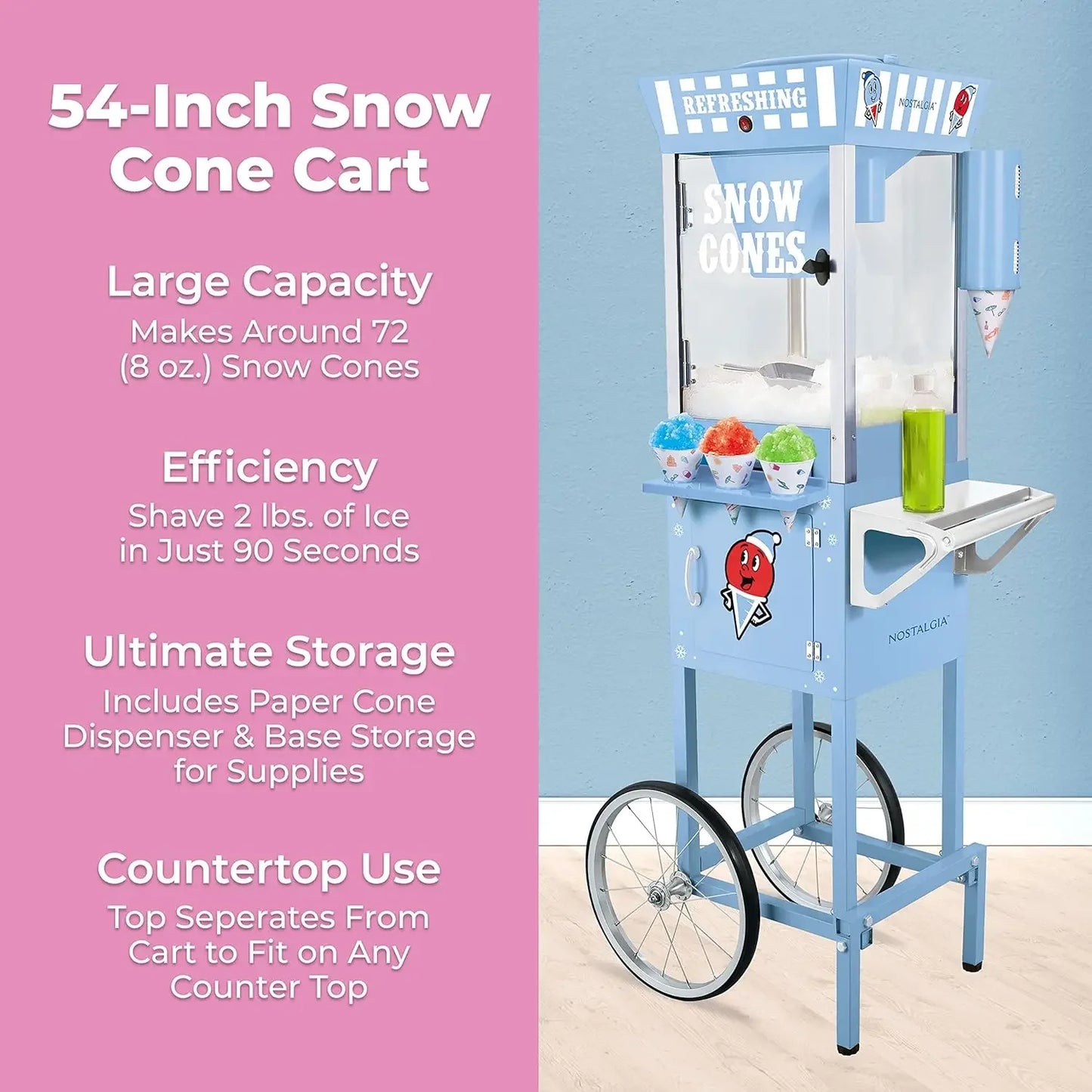 Snow Cone Shaved Ice Machine - Retro Cart Slushie Machine Makes 72 Icy Treats - Includes Metal Scoop, 2 Syrup Bottles