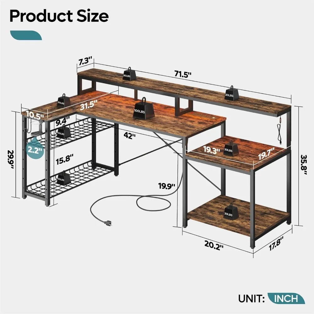 Bestier Gaming Desk with Power Outlets, 71.5 LED Computer Desk with Long Monitor Stand, Large L Shaped Corner Desk with Storage