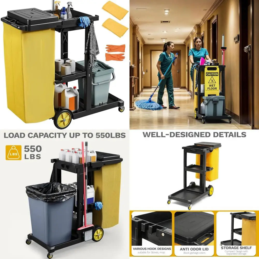 three-shelf traditional plastic janitorial cleaning cart with two yellow shelves for commercial