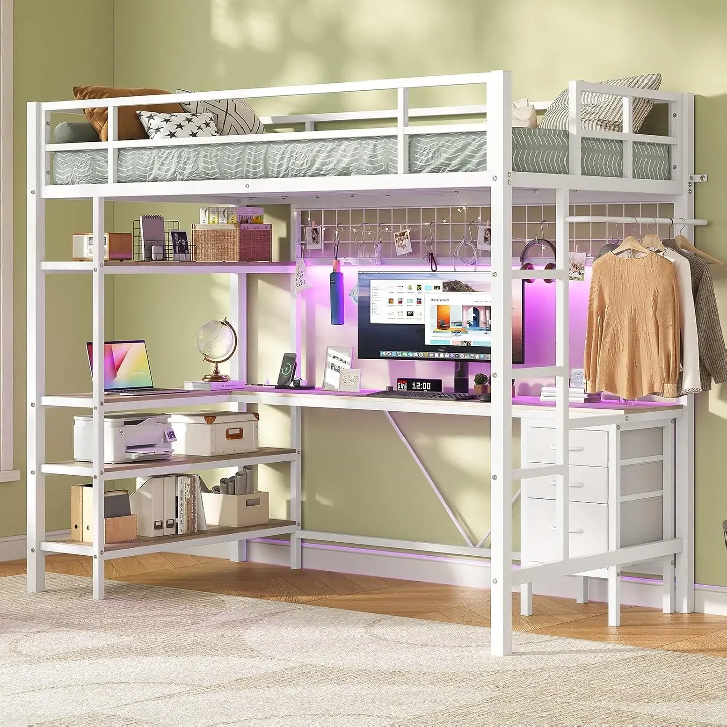 Bunk Beds Loft Bed Twin Size L-Shaped Desk/Charging Station & LED Lights 4-Tier Bookshelf & 3 Drawer