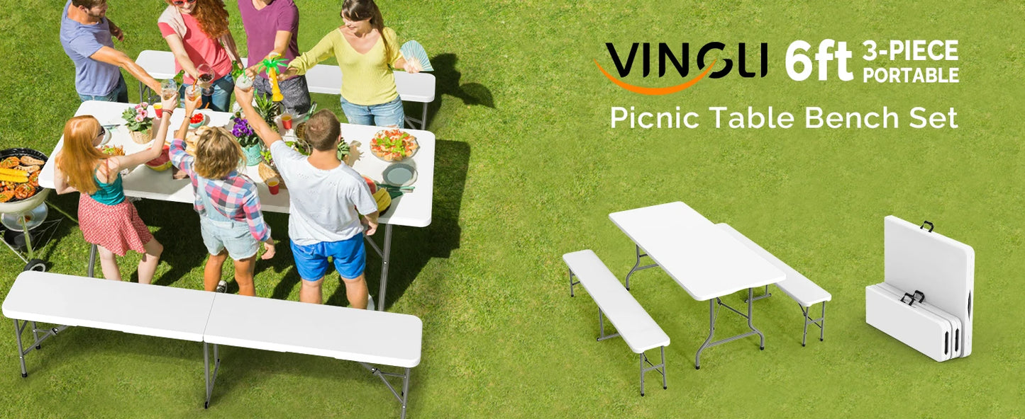 Picnic Table Set with 2 Benches, 6 Feet Camping Table Chair Set,3-Piece Folding Furniture