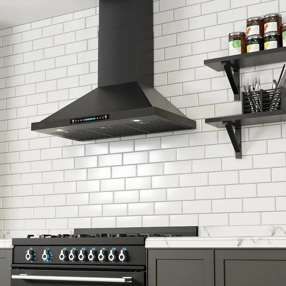 36 inch Black Wall Mount Range Hood, 900 CFM Ducted/Ductless Stainless Steel Vent Hood/Sensing