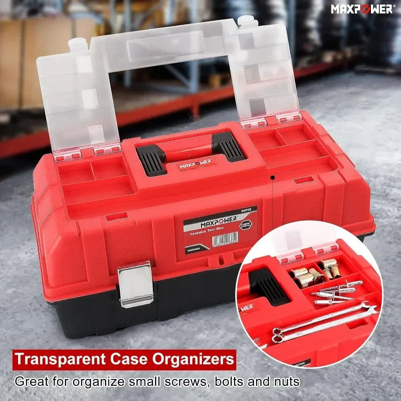 17-Inch Tool Box, Three-Layer Plastic Storage Toolbox, Multi-Function Organizer w/ Tray and Dividers