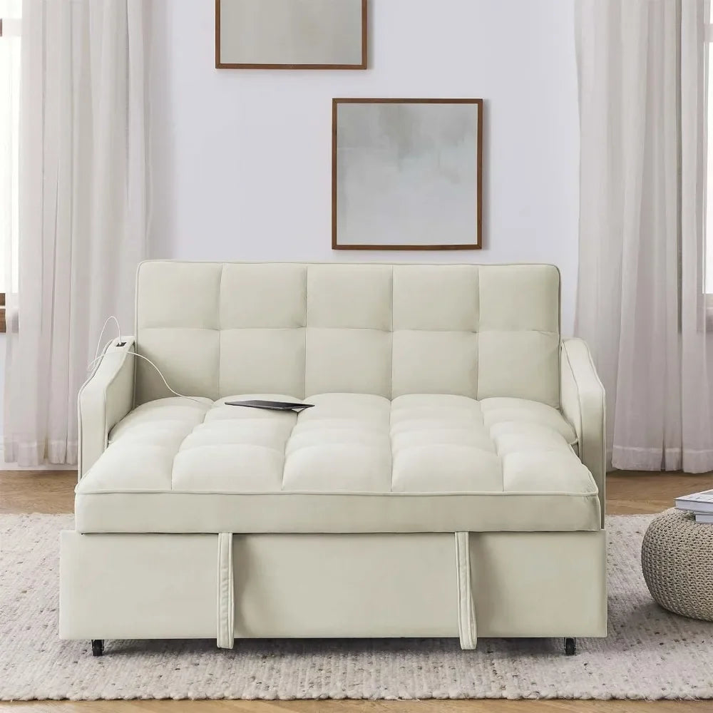 3 in 1 Sleeper Sofa Couch Bed w/USB & Type C Port, 52" Small Modern Loveseat Sofa w/Pull Out Bed