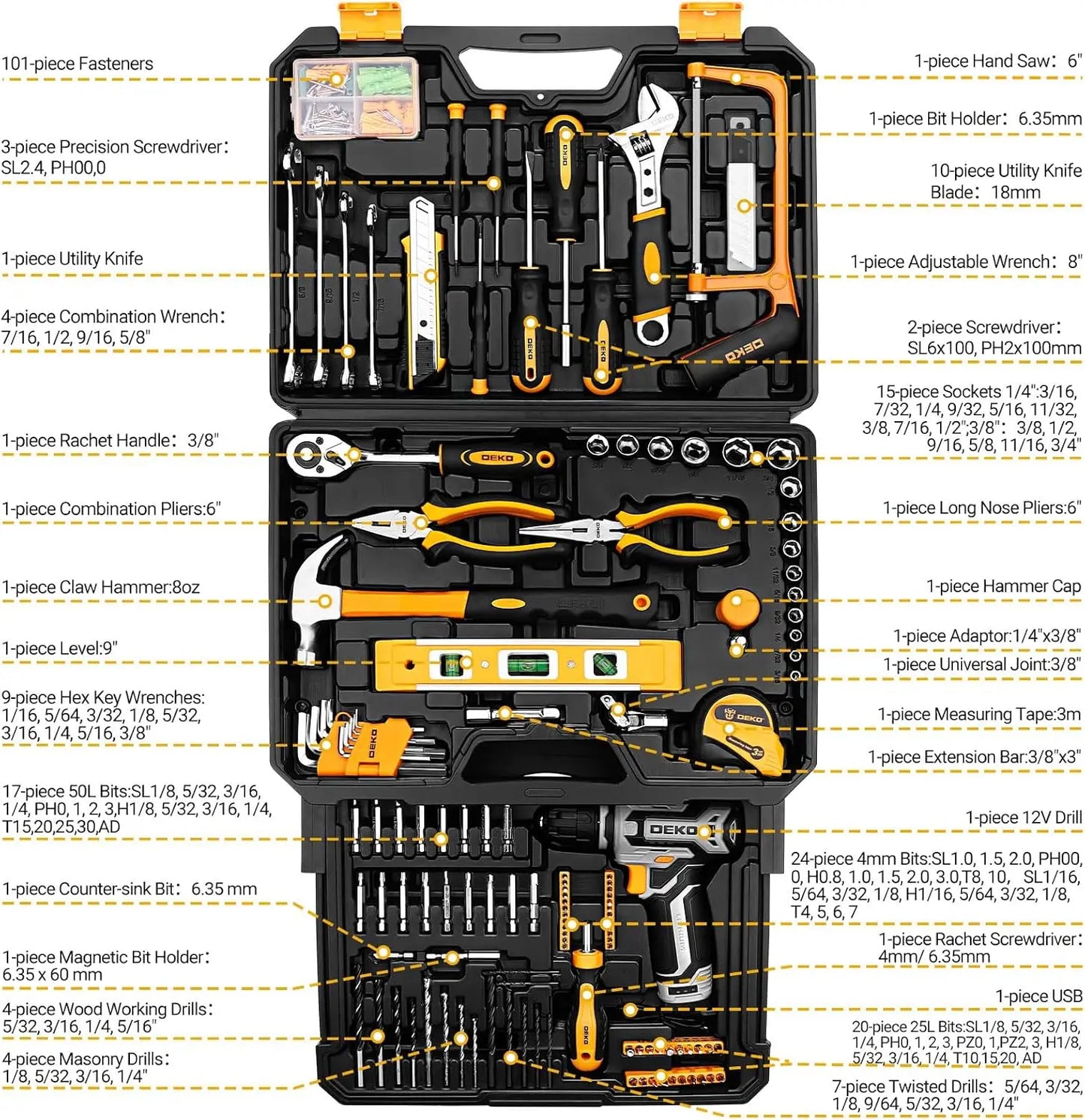 Kit Box Drill Set：Home Mechanic Toolbox with 12V Power Cordless Drill Hand Repair & Storage