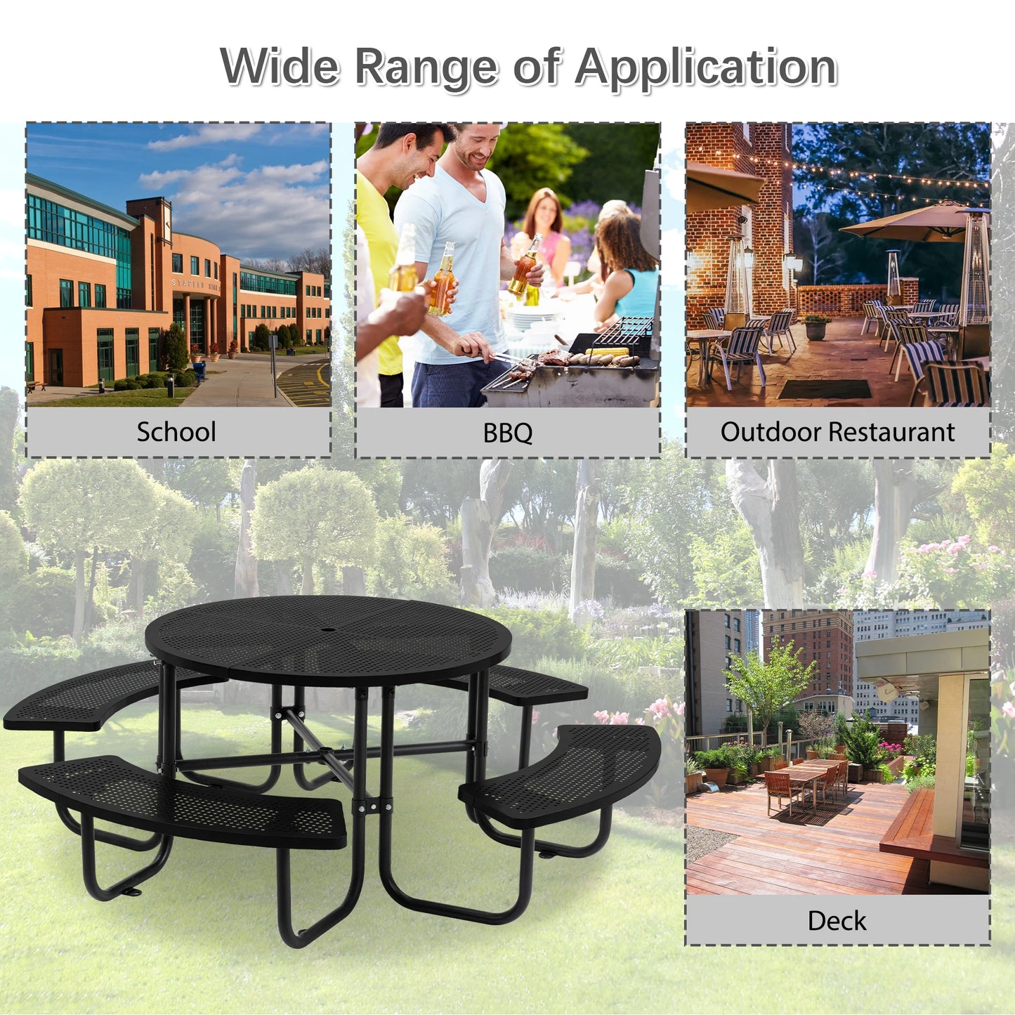 LZBEITEM Round Metal Picnic Table with Umbrella Hole, 46" Steel Portable Picnic Table Courtyard BBQ