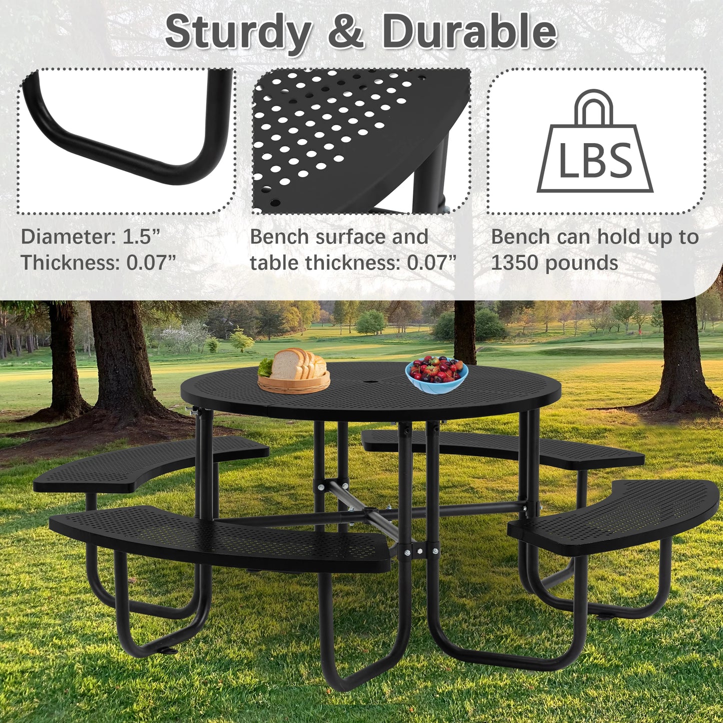 LZBEITEM Round Metal Picnic Table with Umbrella Hole, 46" Steel Portable Picnic Table Courtyard BBQ