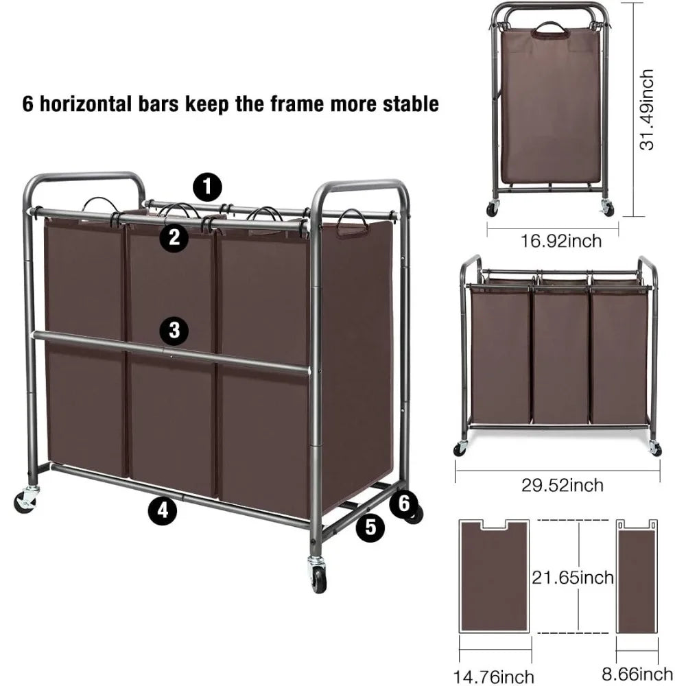 STORAGEMANIAC 3 Section Laundry Sorter, 3 Bag Laundry Hamper Cart w/Heavy Duty Rolling Wheels