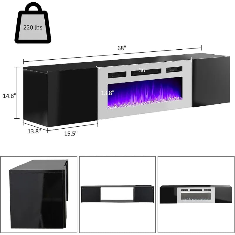 Floating TV Stand w/ 36" Electric Fireplace,High Gloss Finish Wall Mounted Entertainment Center