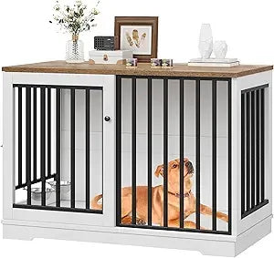 47 Large Dog Crate Furniture, Heavy Duty Dog Kennel Indoor with Sliding Door and 2 Adjustable Bowls