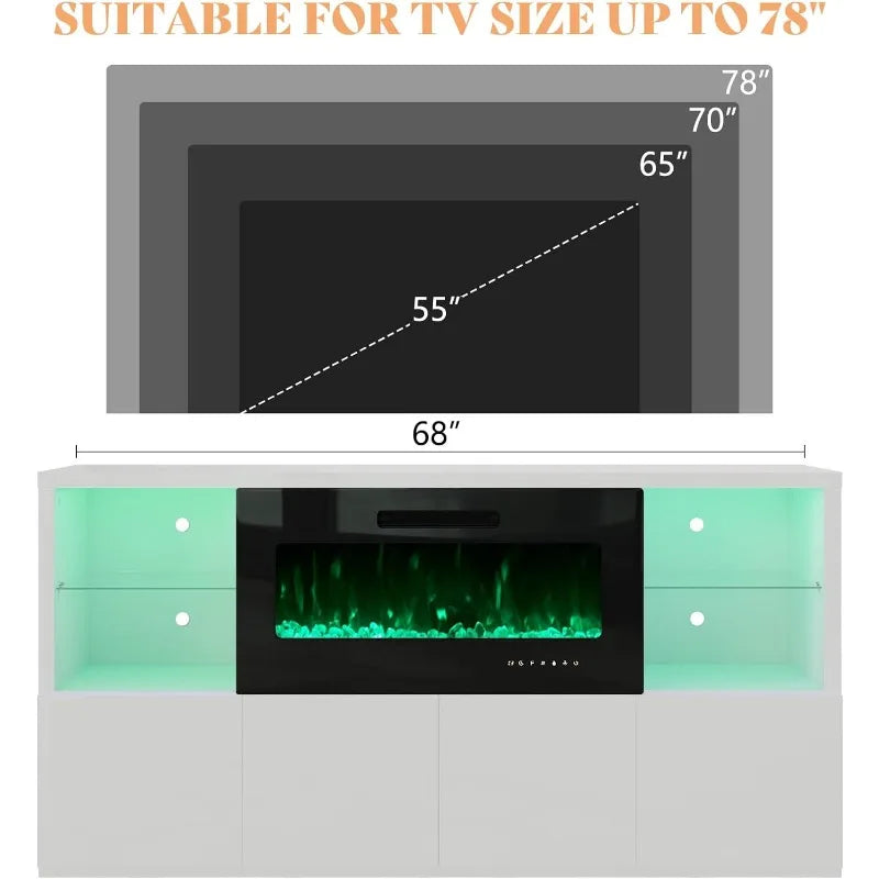 Modern High Gloss 68" Fireplace TV Stand, Entertainment Center & LED Lights for TVs up to 78"