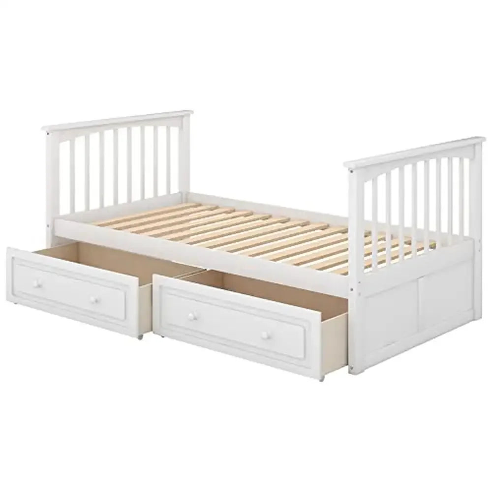 Wood Twin Daybeds/Under-Bed Storage Drawer & Ladder Modern Pine Bunk Bed Kids Sturdy (White)