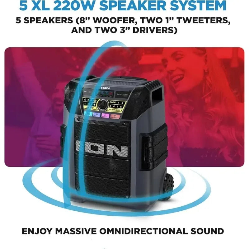 Block Rocker XL - Portable Bluetooth Outdoor Party Speaker, 220W, with Karaoke Microphone, Battery, 5 Speakers, Lights